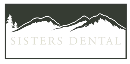 Sisters Dental logo featuring mountain silhouettes and pine trees with serif font text