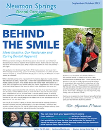 Newman Springs Dental Care newsletter featuring dental hygienist and graduate with bouquet outdoors.