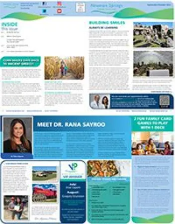 Community newsletter featuring local health tips, events, and a profile of Dr. Rama Sayyro with images.