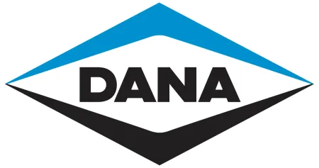 Dana logo with bold black lettering inside a diamond shape split with blue on top and black at bottom