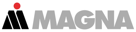 Magna company logo featuring grey uppercase letters with a red dot symbol above the M