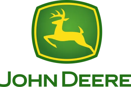 John Deere logo featuring a yellow leaping deer inside a green and yellow shield above the company name.