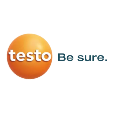 Testo company logo with orange circle and slogan Be sure in dark blue text.