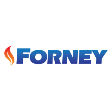 Forney logo with blue gradient text and red-orange flame icon on a white background
