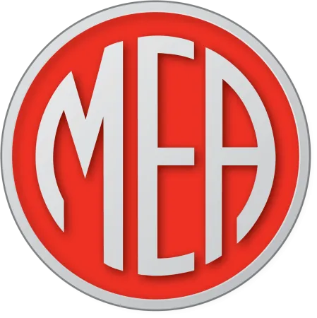 Round red and gray logo with stylized letters M, E, and A in the center inside a silver border.