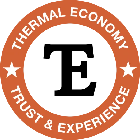 Orange circular badge with white text saying Thermal Economy Trust & Experience and two white stars