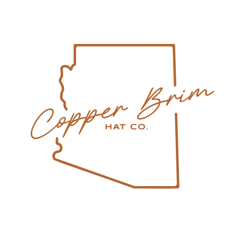 Copper Brim Hat Co. logo with stylish copper outline of Arizona state on black background