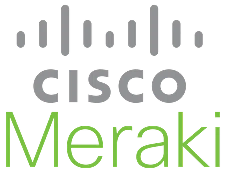 Cisco Meraki logo with grey and green text and stylized signal bars above the name.