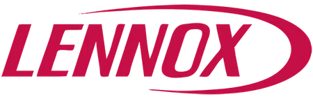 Lennox logo in red with an elliptical swoosh design around the text on a transparent background