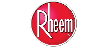 Rheem logo with bold white text inside a red circular background on black.
