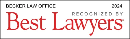 Becker Law Office recognized by Best Lawyers 2024 with bold red and black text in a professional banner.