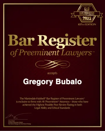 Bar Register of Preeminent Lawyers 2023 certificate awarded to Gregory Bubalo for highest peer review ratings.