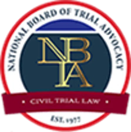 Logo of National Board of Trial Advocacy featuring acronym NBTA and civil trial law banner