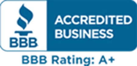 BBB Accredited Business logo with A+ rating on blue and white background