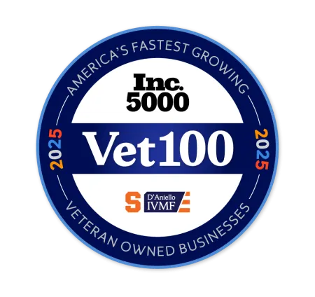Inc. 5000 Vet100 2025 badge for America’s fastest growing veteran owned businesses by D’Aniello IVMF.