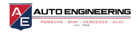 Auto Exporter logo with red and blue shield and car brand names Porsche, BMW, Mercedes, Audi.