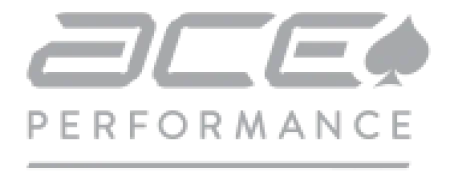 Ace Performance logo with stylized text and a spade symbol in gray on transparent background