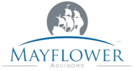 Mayflower Advisors logo featuring a gray Mayflower ship silhouette above blue stylized company name and tagline.