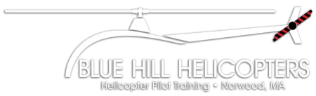 Blue Hill Helicopters logo with helicopter silhouette and training location Norwood MA on black background