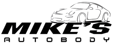 Logo for Mike's Autobody featuring a sleek car outline above bold text.