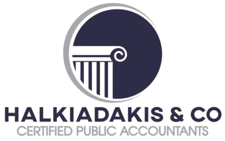 Logo of Halkiadakis & Co Certified Public Accountants featuring classical column design inside a circle.
