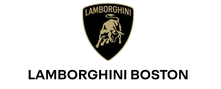 Gold Lamborghini bull logo on black background with bold uppercase lettering for luxury car brand.