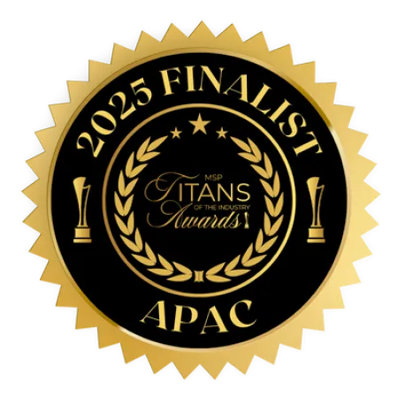 Gold and black 2025 Finalist APAC badge for MSP Titans of the Industry Awards with laurel wreath and trophy icons