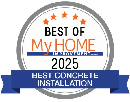 Best of My Home Improvement 2025 award badge for Best Concrete Installation with five orange stars.