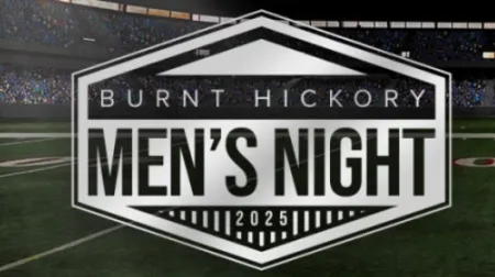 Silver and black Burnt Hickory Men's Night 2025 logo overlay on a football stadium field.