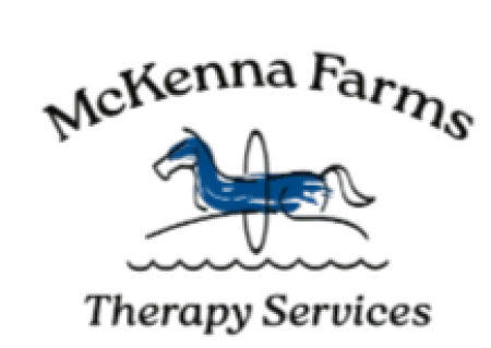 McKenna Farms Therapy Services logo featuring a blue horse jumping through a hoop over a hill and water waves