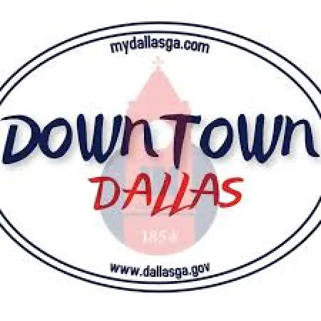 Downtown Dallas logo with website URLs and a stylized landmark emblem in an oval frame
