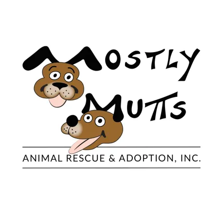Mostly Mutts Animal Rescue & Adoption logo with two cheerful cartoon dog faces and bold black text.