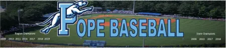 Fope Baseball field panoramic view with team logo and championship years listed for region and state titles.