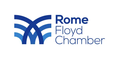 Logo of Rome Floyd Chamber featuring stylized blue arcs forming an abstract M shape with text