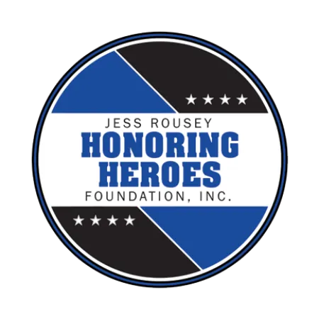 Round logo for Jess Rousey Honoring Heroes Foundation with blue, black, and white colors and stars.