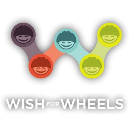 Wish For Wheels logo featuring five smiling faces in colorful circles connected in a W shape above the text.