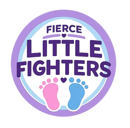 Purple and blue logo with the text Fierce Little Fighters and pink and blue baby footprints inside a circular border.