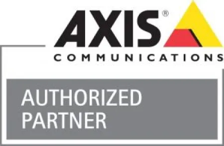 Axis Communications logo with a yellow and red triangle and authorized partner text in a gray box.