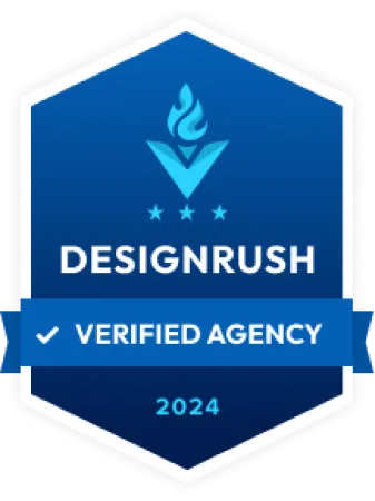 DesignRush 2024 verified agency badge in blue with flame icon and checkmark ribbon.