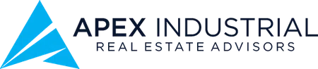 Apex Industrial Real Estate Advisors logo featuring a blue geometric triangle and bold text.