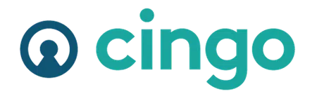 Logo of Cingo featuring a circular icon with a keyhole shape and stylized text in teal and navy colors
