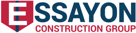 Essayon Construction Group logo with bold red, white, and navy blue text and shield emblem.