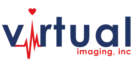 Virtual Imaging Inc. logo with a heart and red heartbeat line integrated into the text on a white background.