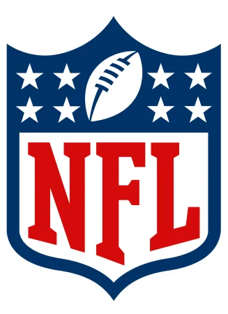 NFL shield logo with red letters, white football, and white stars on blue background, representing American football.