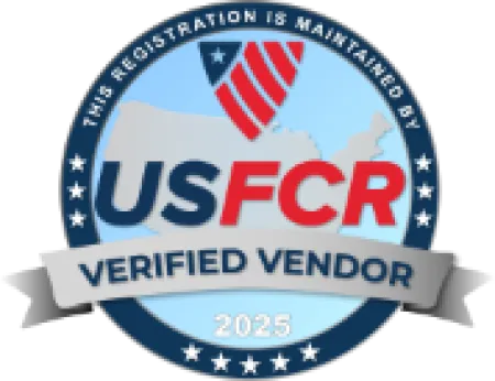 2025 USFCR verified vendor badge with American flag shield and map of USA background