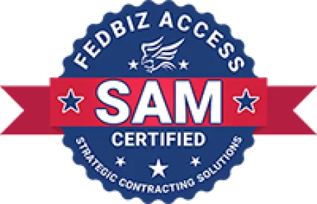 FedBiz Access SAM Certified badge in blue and red with stars and eagle icons for contracting solutions