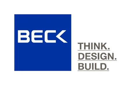 Blue square with white BECK text alongside gray Think. Design. Build. tagline