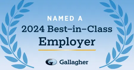 Blue laurel wreath graphic with text 2024 Best-in-Class Employer named Gallagher logo.