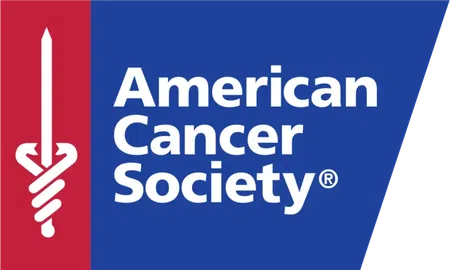 American Cancer Society logo with a white sword and blue and red background.