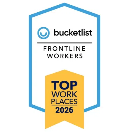 Bucketlist Frontline Workers Top Work Places 2026 award badge with blue and yellow design
